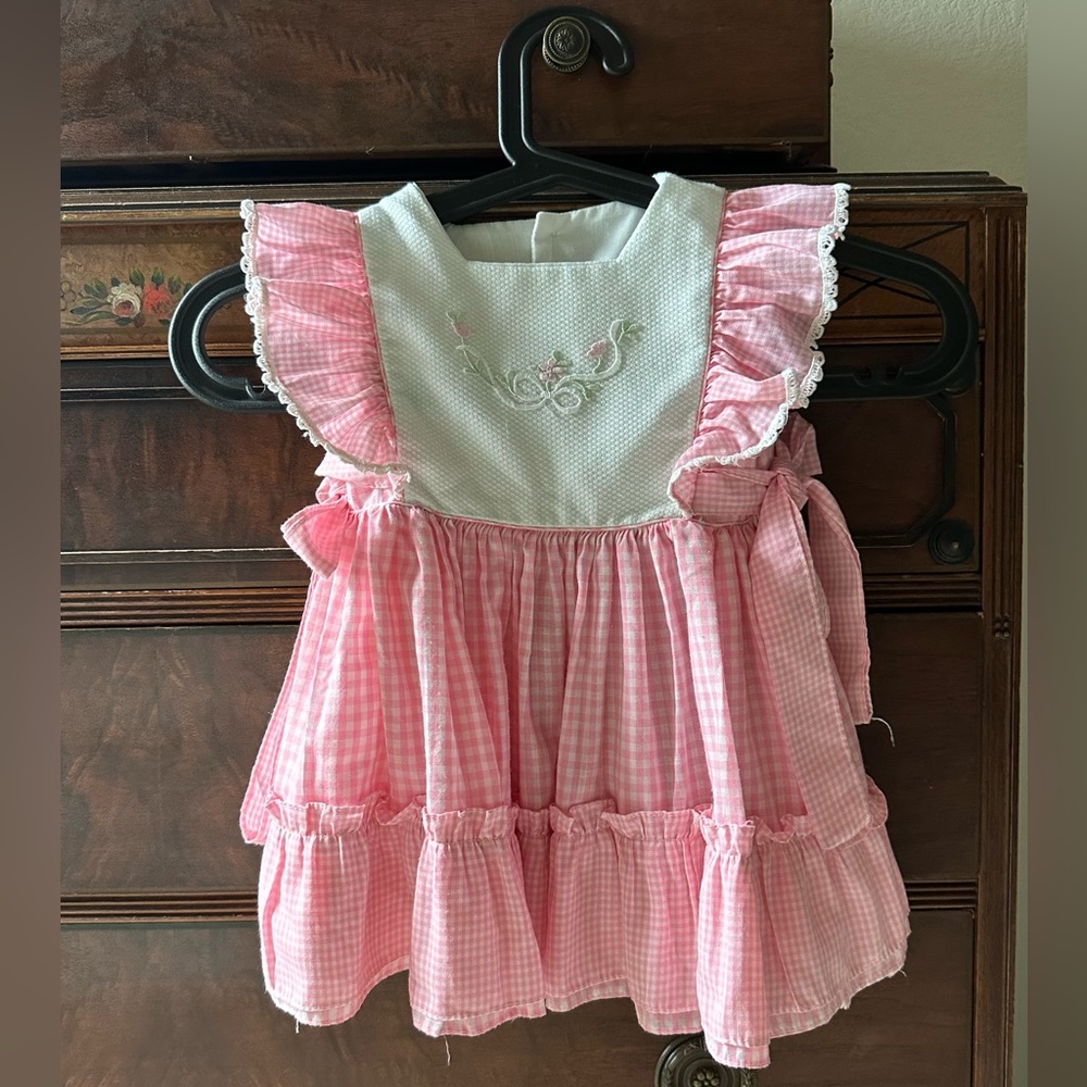 C.I. Castro Pink Gingham Ruffle Dress with White Embroidered Yoke